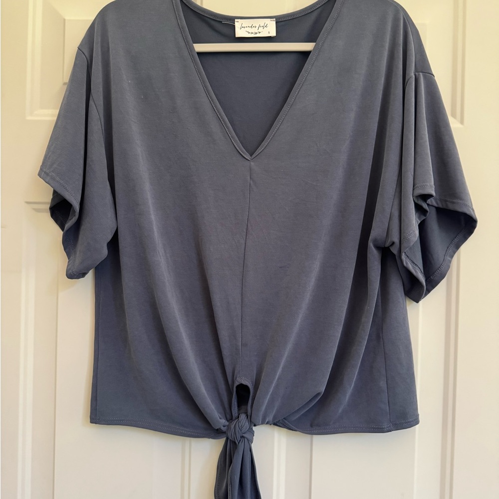 Lavender Field V-Neck Tie-Front Blouse - Gray